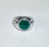 Sterling Silver Round Cab 11mm Genuine Malachite & Diamond Men's Ring