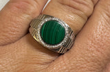 Sterling Silver Round Cab 11mm Genuine Malachite & Diamond Men's Ring