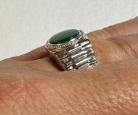 Sterling Silver Round Cab 11mm Genuine Malachite & Diamond Men's Ring