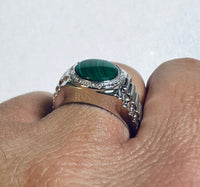 Sterling Silver Round Cab 11mm Genuine Malachite & Diamond Men's Ring