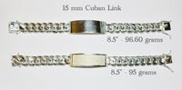 Sterling Silver 15mm Handmade Cuban Link ID 8.5" Bracelet (Available with Bezel/Satin OR Plain/High Polished)