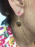 Vintage 1960's NOS 14Kt Yellow Gold Filled Genuine 10mm Tiger's Eye Bead Hook Earrings