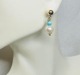 14 Karat Yellow Gold Filled Genuine 7.5mm Baroque Freshwater Pearls and 4mm Turquoise Dangle Ball Stud Earrings