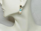14 Karat Yellow Gold Filled Genuine 7.5mm Baroque Freshwater Pearls and 4mm Turquoise Dangle Ball Stud Earrings