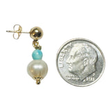 14 Karat Yellow Gold Filled Genuine 7.5mm Baroque Freshwater Pearls and 4mm Turquoise Dangle Ball Stud Earrings