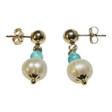 14 Karat Yellow Gold Filled Genuine 7.5mm Baroque Freshwater Pearls and 4mm Turquoise Dangle Ball Stud Earrings
