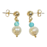 14 Karat Yellow Gold Filled Genuine 7.5mm Baroque Freshwater Pearls and 4mm Turquoise Dangle Ball Stud Earrings