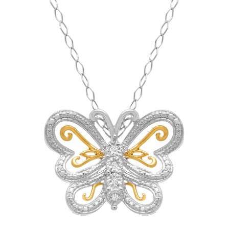 Butterfly Pendant Necklace with Diamonds in Sterling Silver with 22K Gold-Plated Accents