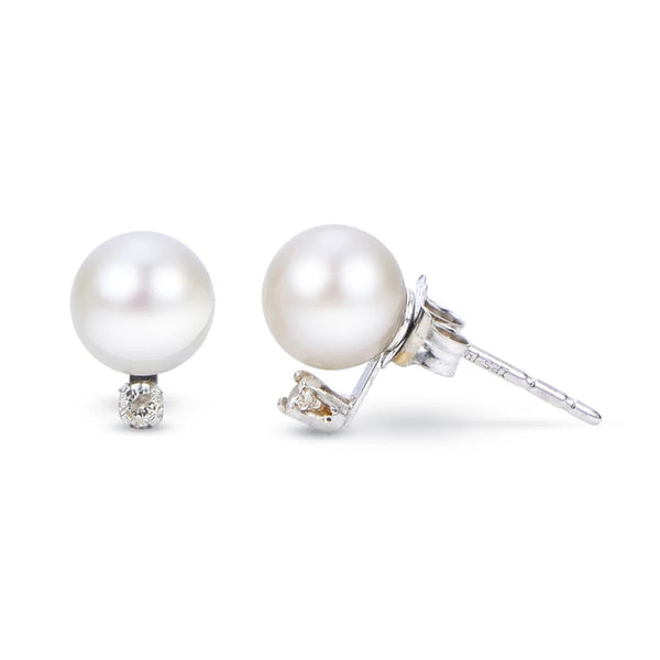 10K White Gold 6mm White Freshwater Pearl w/0.02ctw Diamond Earrings