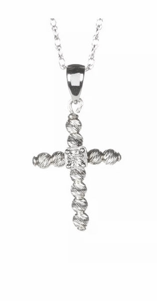 Sterling Silver Diamond-cut Sparkle Beaded Genuine Diamond Cross Pendant Necklace