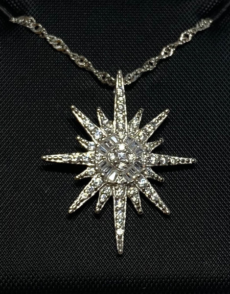 Sterling Silver & Cubic Zirconia Starburst Pendant w/18" Chain