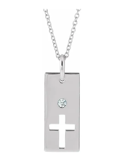 Sterling Silver Cross Cut-out Bar Genuine Diamond 16-18" Necklace