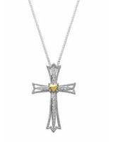 Sterling Silver with 14K Gold Heart Center & White Topaz Cross Pendant 18" Necklace