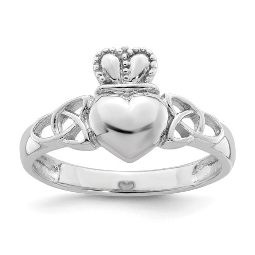 Sterling Silver Rhodium-Plated Claddagh With Celtic Knots Ring