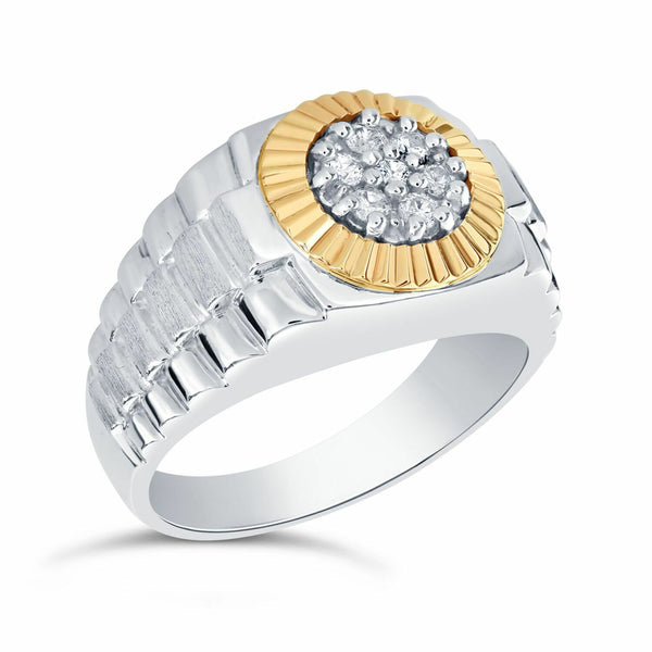 Sterling Silver & 14Kt Yellow Gold Fluted Bezel 1/4 CTW Diamond Men's Rolex Style Ring