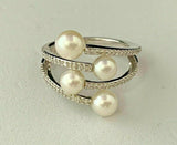 STERLING SILVER HONORA CULTURED FRESHWATER PEARL & DIAMOND ZIGZAG BY-PASS RING