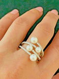 STERLING SILVER HONORA CULTURED FRESHWATER PEARL & DIAMOND ZIGZAG BY-PASS RING