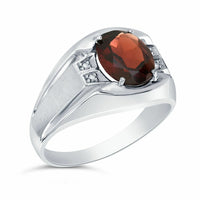 Sterling Silver 10 x 8mm Genuine Garnet & Diamond Men's Ring