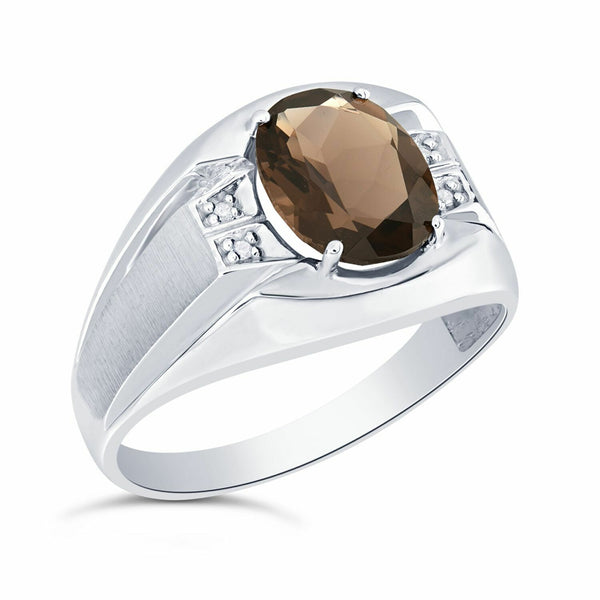 Sterling Silver 10 x 8mm Genuine Smoky Quartz & Diamond Men's Ring