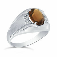 Sterling Silver 10 x 8mm Genuine Whiskey Quartz & Diamond Men's Ring