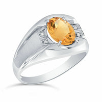 Sterling Silver 10 x 8mm Genuine Citrine & Diamond Men's Ring