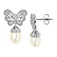 Sterling Silver Butterfly Freshwater Cultured Pearl Drop Earrings with Diamonds