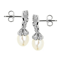 Sterling Silver Butterfly Freshwater Cultured Pearl Drop Earrings with Diamonds