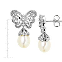 Sterling Silver Butterfly Freshwater Cultured Pearl Drop Earrings with Diamonds