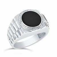 Sterling Silver Round 11mm Genuine Black Onyx & Diamond Men's Ring