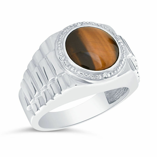 Sterling Silver Round Cab 11mm Genuine Tiger's Eye & Diamond Men's Ring