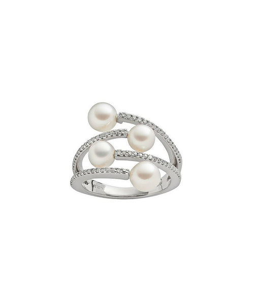 STERLING SILVER HONORA CULTURED FRESHWATER PEARL & DIAMOND ZIGZAG BY-PASS RING