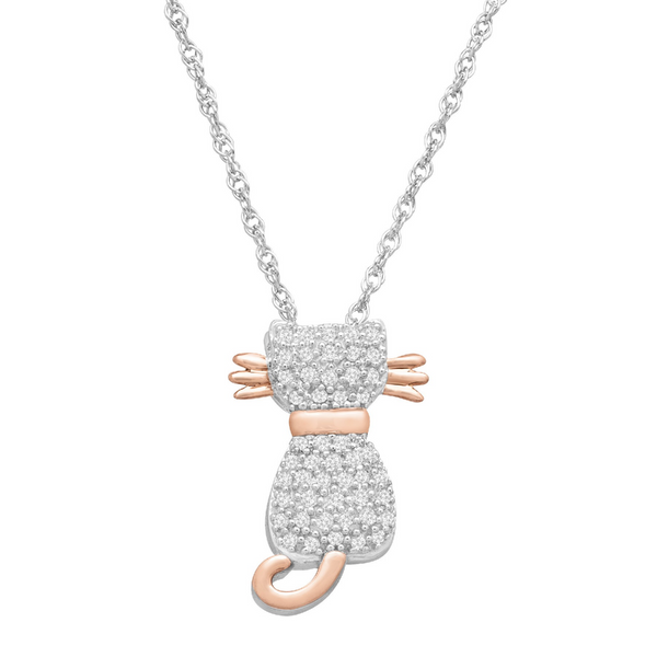 Sterling Silver & 14K Rose Gold Genuine 1/5 CTW Diamond Kitty Cat Pendant 18" Necklace