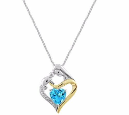 Sterling Silver & 14K Mother and Child Genuine Blue Topaz & Diamond Pendant Necklace