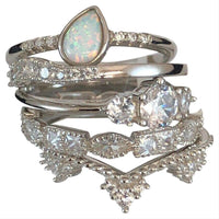 Cubic Zirconia & Lab Created White Opal 5 Piece Stackable Ring Set in Sterling Silver (Size 7)