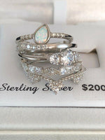 Cubic Zirconia & Lab Created White Opal 5 Piece Stackable Ring Set in Sterling Silver (Size 7)